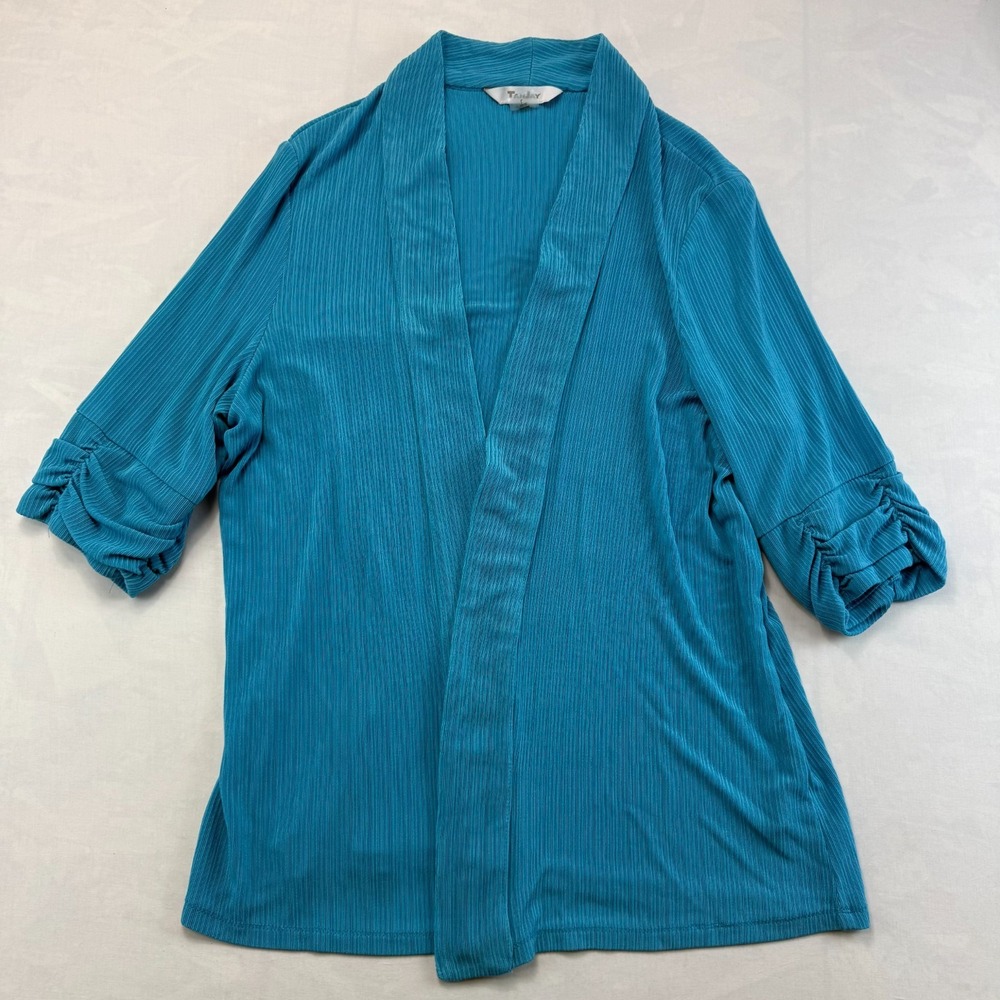 TanJay Cardigan Womens Large Blue Pleated Stretch 3/4 Ruched Sleeve Open Front